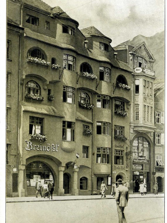 Werbepostkarte des Gasthofs Breinößl in der Maria-Theresien-Straße.