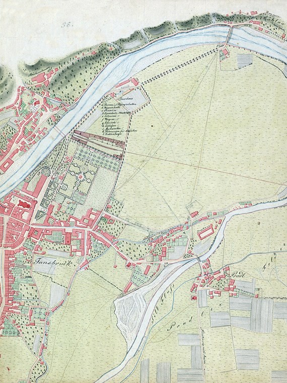 Blatt 58 der Innstromkarte aus den 1820er-Jahren mit dem nachträglich eingezeichneten Kopfbahnhof beim Hofgarten und der geplanten Streckenführung Richtung Hall.