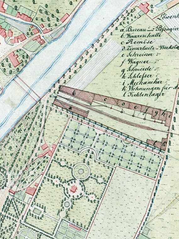 Ausschnitt aus der Innstromkarte, Blatt 58,1821/22 mit der nachträglichen
Einzeichnung des Bahnhofs im Detail.