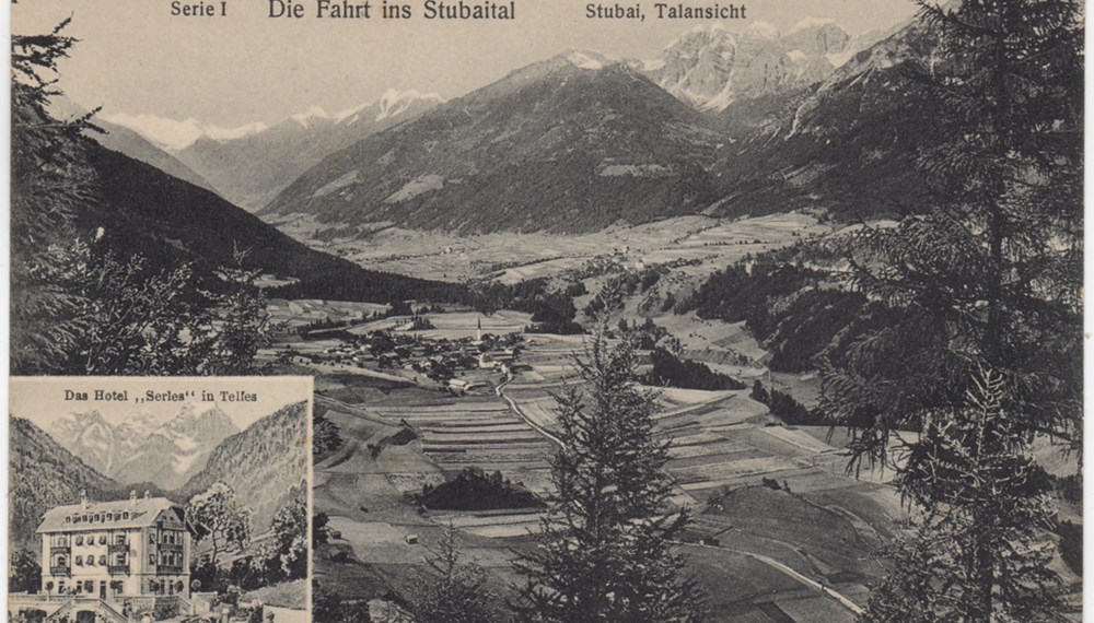 Das Stubaital: damals wie heute ein beliebtes Ausflugsziel für Innsbrucker. Mit der Inbetriebnahme der Stubaitalbahn im Jahre 1904 ist selbiges für jeden durch eine kurze Fahrt erreichbar. Unten im Bild das Hotel Serles.