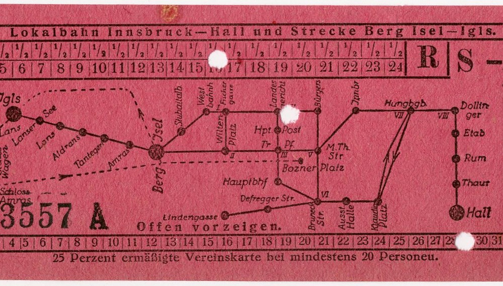 Fahrkarte für die Lokalbahn Innsbruck - Hall und Strecke Berg Isel – Igls.