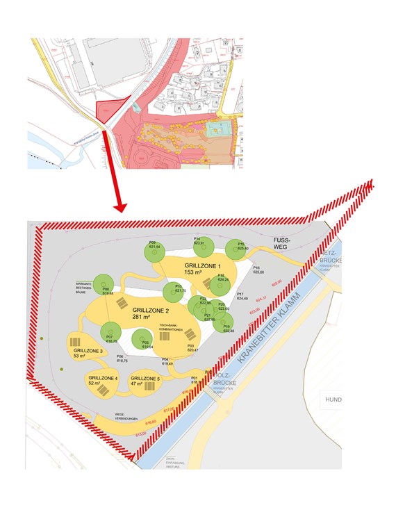 Die planlichen Darstellungen zeigen neben Verortung auch die Detailplanungen für die vorgesehenen Grillzonen. Der neue Grillplatz ist außer Sichtweite für die AnrainerInnen der Wohnanlage, dazwischen ist genügend Vegetation.