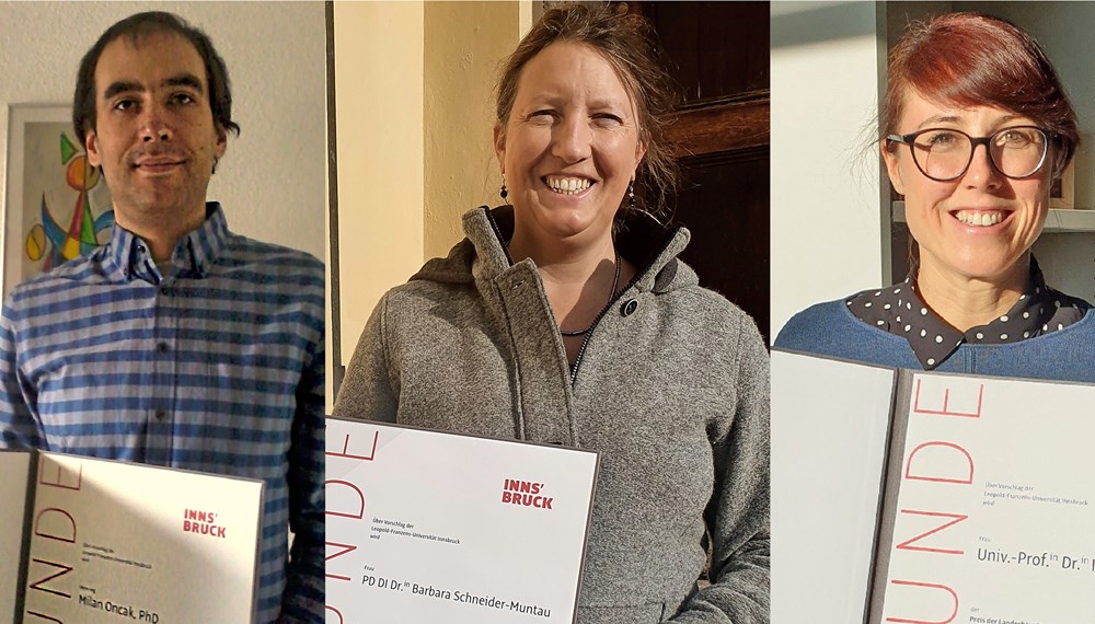 Insgesamt fünf ForscherInnen der LFU Innsbruck freuten sich über den Preis für ihre naturwissenschaftliche Forschung (von links): Milan Ončák, Barbara Schneider-Muntau und Ivana Stiperski sowie Farokh Mivehvar und Alexander Weiss (Fotos siehe unten) erhielten ihre Urkunden und Glückwünsche heuer coronabedingt per Post.