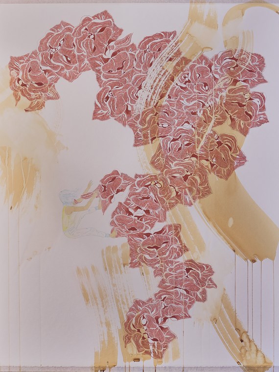 Ein Einblick in die poetische Bildsprache der Künstlerin Charlotte Simon: Aus der Serie HIN XI (2021, Ölstift, Aquarell auf Papier, 100x125 cm).