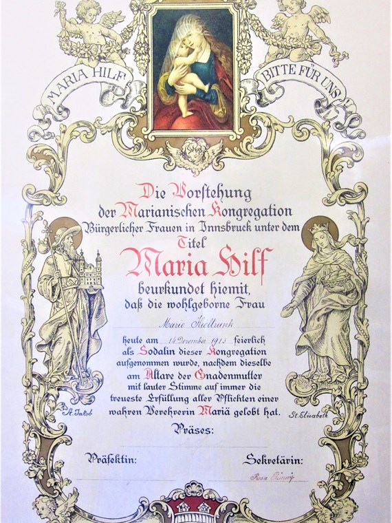 „Diplom“ der Marianischen Kongregation Bürgerlicher Frauen in Innsbruck, datiert mit 14.12.1913.