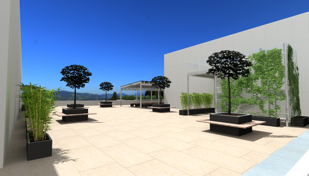 Die Visualisierung zeigt die entstehende grüne Nutzungsfläche und die geplanten Pergolen. Durch die Aufwertung kann die Terrasse künftig als individueller oder kollektiver Lernort, aber auch als Ruhe- und Bewegungsbereich besonders während den Pausen genutzt werden.