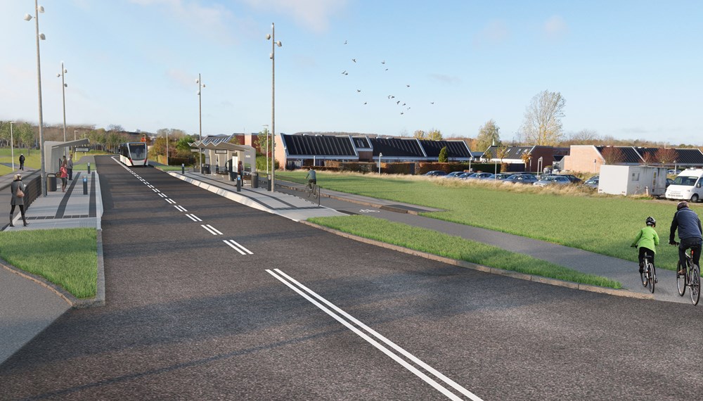 Die Visualisierung des BRT-Korridors (Bus Rapid Transit) zeigt, wie das Zusammenspiel zwischen Fahrrad und öffentlichem Verkehr in Aalborg zukünftig aussehen soll.