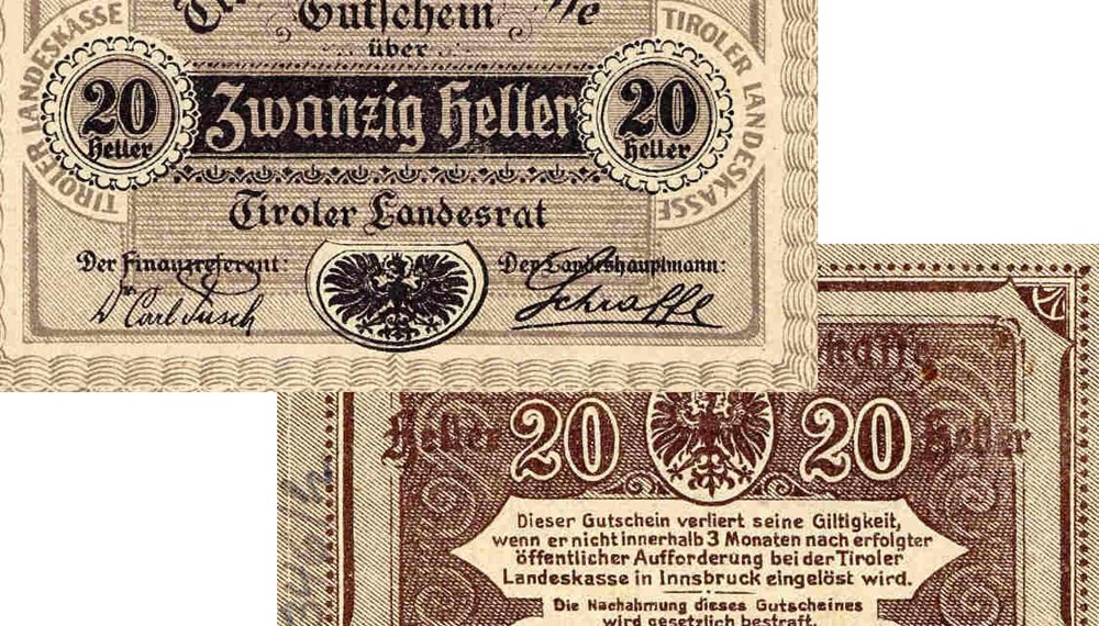 Notgeld der Tiroler Landeskasse im Wert von 20 Heller aus dem Jahre 1920.