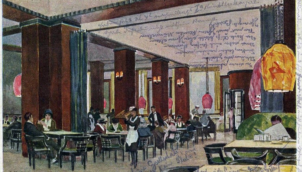 Postkarte mit einer Innenansicht des Café München in Innsbruck, Erlerstraße 17.