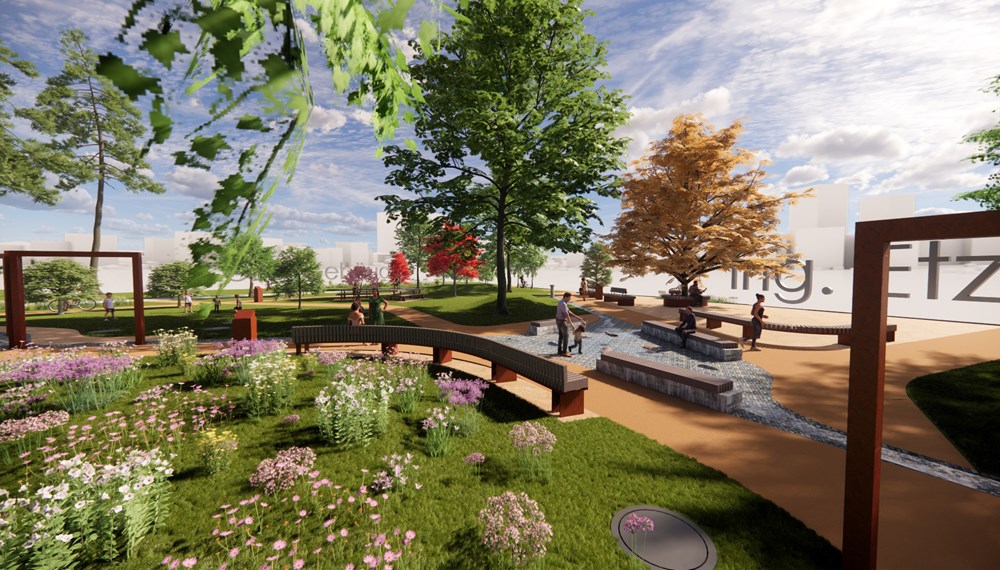 Ganz im Zeichen des Elements Wasser und mit mehr Grün präsentiert sich der neue Park nach der Fertigstellung.