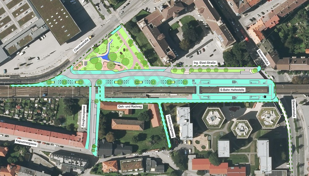 Die Neugestaltung rund um die neue ÖBB-Haltestelle Messe und den Messe-Park im Überblick. Die Begegnungszone erstreckt sich über 25 Bögen östlich bis zur Bienerstraße.