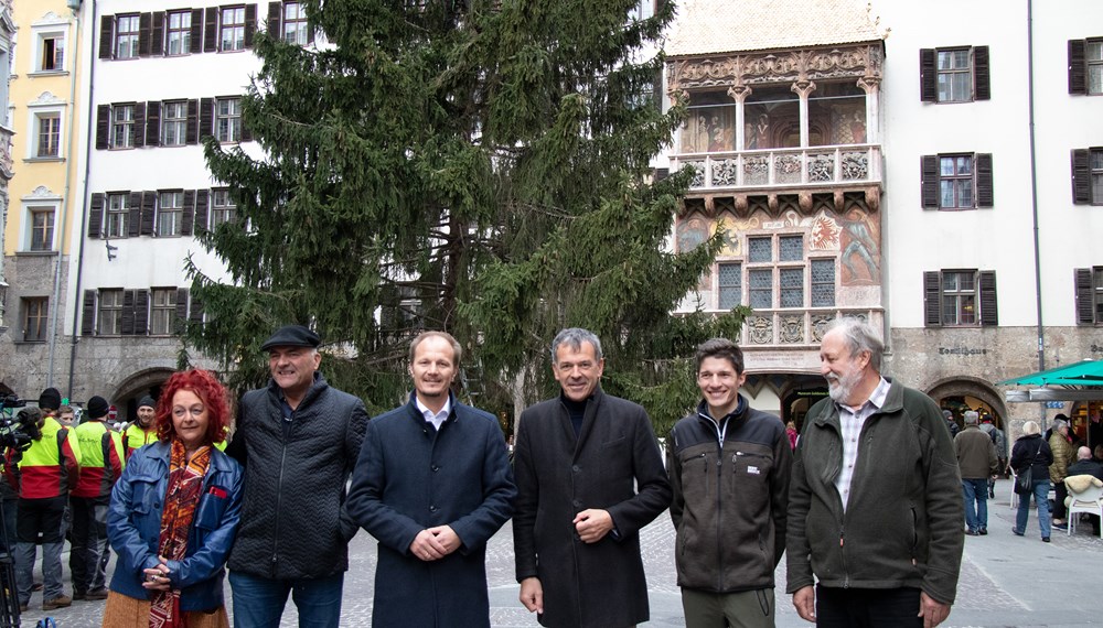 Freuten sich über die Aufstellung des traditionellen Christbaums vor dem Goldenen Dachl (v.l.): Karl Gostner (Obmann des Tourismusverbandes) mit Begleiterin, Vizebürgermeister Johannes Anzengruber, Bürgermeister Georg Willi, Florian Jäger und Kurt Pröller (Amt für Wald und Natur).