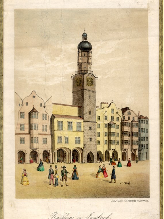 Das alte Innsbrucker Rathaus stellte dem Sparkassenverein erste Räumlichkeiten zur Verfügung – ein Zeichen für die historisch enge Verbindung zwischen Stadt Innsbruck und Sparkasse Innsbruck. Rathaus Innsbruck, Lithographie um 1830, C.A. Czichna