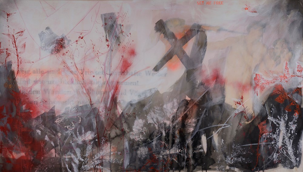 "Aus dem Paradies", 2021, 160 x 90 cm, Mischtechnik auf Papier auf Leinwand