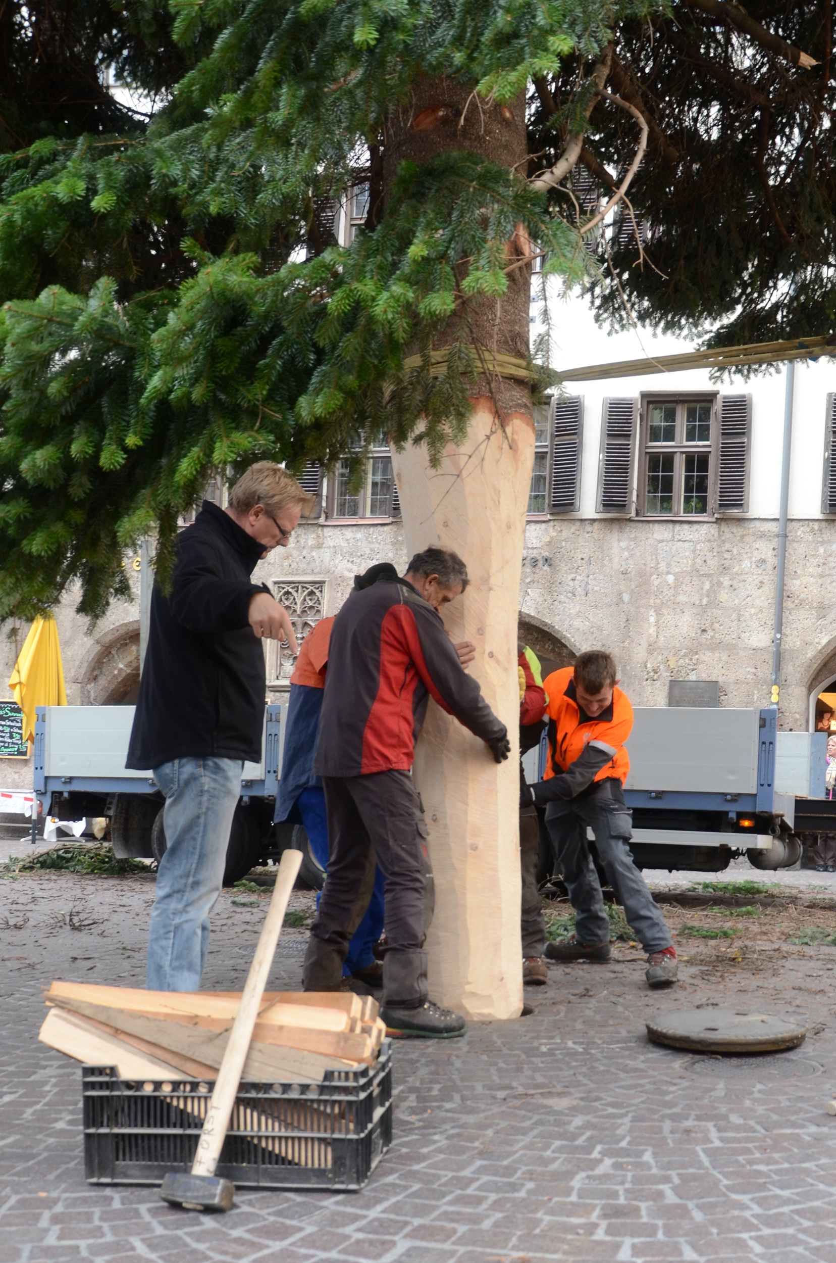 Zentimetergenaues Zielen mit einem 6,5 t schweren Baum sieht leichter aus, als es tatsächlich ist. Nur durch routinierte und professionelle Zusammenarbeit aller Beteiligten kann ein solches Unterfangen gelingen.