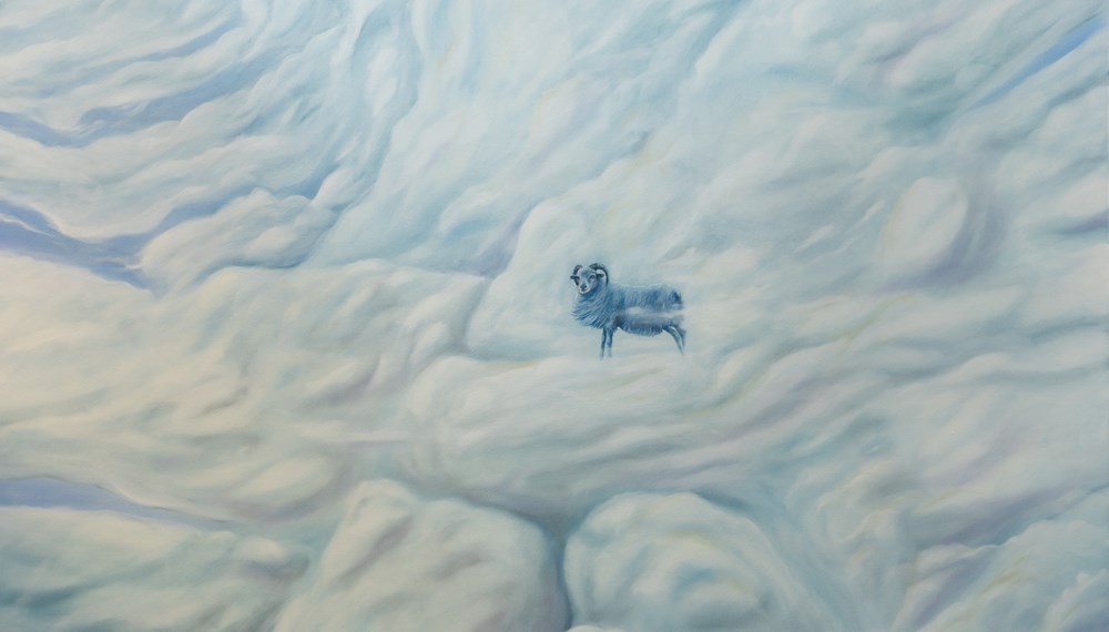Aus der Ausstellung „‘perfect blue‘. Die (scheinbar) perfekte Welt“ von Martin Hörtnagl, die in der städtischen Galerie Plattform 6020 von 8. Juni bis 30. Juli zu sehen ist: „Der blaue Chnum“ (2021, 140 x 100 cm, Öl auf Leinwand).
