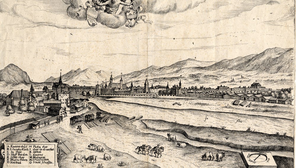 Der Kupferstich des Nürnbergers Lorenz Strauch (1554–1630) zeigt eine Ansicht von Innsbruck gegen Südosten im Jahr 1614. Im Bereich des Weidelandes im Vordergrund befand sich das Köpfplatzl.