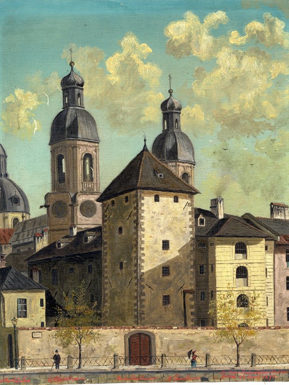 Ansicht des Kräuterturms kurz vor dessen Abbruch am 4. April 1890. Ölgemälde von Dr. Hugo Tschurtschenthaler (1861–1929).