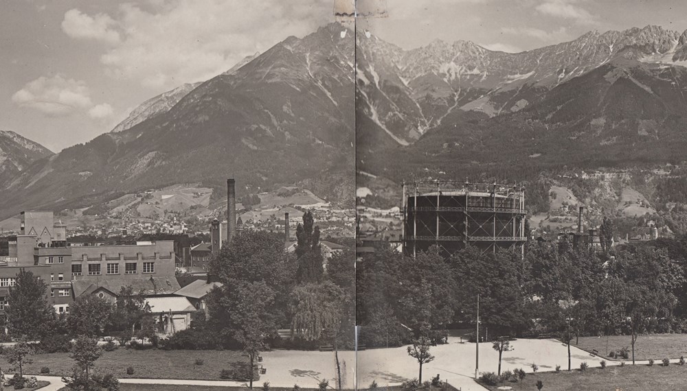 Blick auf das Areal des städtischen Gaswerks, aufgenommen um 1930.