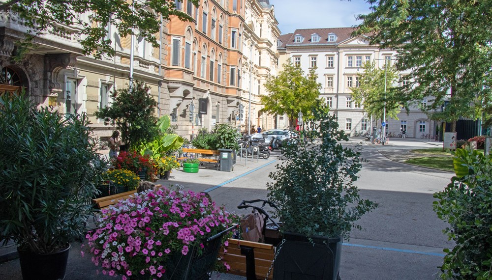 Bunte Blumen und Grünpflanzen sowie Sitzgelegenheiten laden zum Verweilen ein.