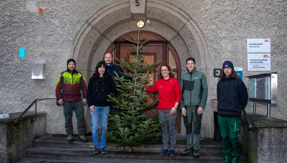 Vizebürgermeister Johannes Anzengruber (3. v. l.) und Florian Jäger (2. v. r.), Referatsleiter für Wald und Almen, sowie die beiden Mitarbeiter Andreas Leismüller (l.) und Robin Mantlez (r.) (beide Amt für Wald und Natur) überbrachten dem Sozialkontakt am Haydnplatz der Innsbrucker Soziale Dienste und der derzeitigen Flüchtlingsunterkunft im Haus Marillac der Barmherzigen Schwestern jeweils einen großen Christbaum für das anstehende Weihnachtsfest.