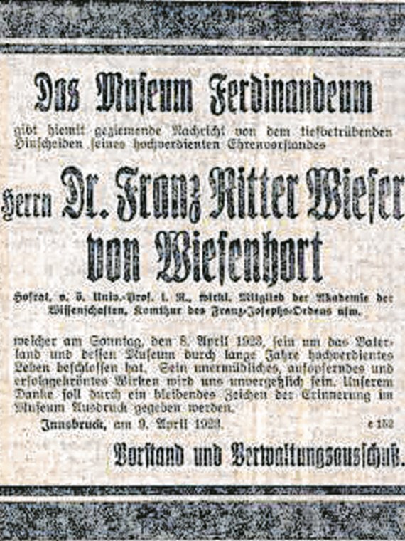 Parte von Franz Wieser in den Innsbrucker Nachrichten vom 9. April 1923.