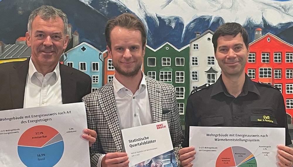 v.l. Bürgermeister Georg Willi, der Amtsleiter für Stadtvermessung und Statistik, Mathias Behmann und Referatsleiter vom Gebäude- und Wohnungsregister, Manfred Hirsch, präsentieren aktuelle städtische Zahlen zum Thema Energie.