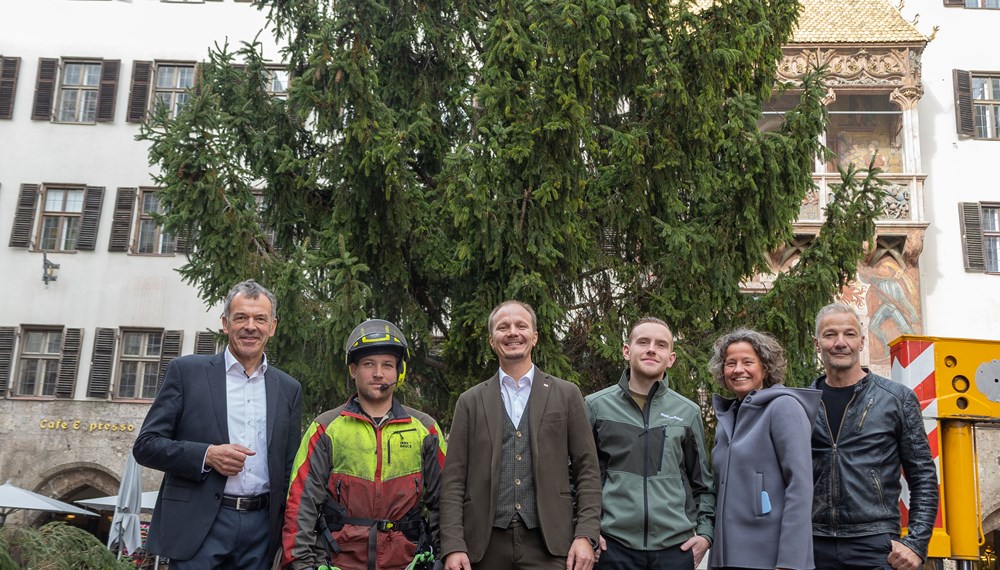 Der diesjährige Christbaum in der Altstadt steht: Darüber freuen sich Bürgermeister Georg Willi, Forstfacharbeiter Andreas Leismüller (Amt für Wald und Natur), Vizebürgermeister Johannes Anzengruber, Forstadjunkt Johannes Jennewein (Amt für Wald und Natur), Geschäftsführerin Heike Kiesling (Innsbruck Marketing) und Geschäftsführer Robert Neuner (IAI). Die 18 Meter hohe Fichte schmückt den traditionellen Christkindlmarkt in der Innsbrucker Altstadt.