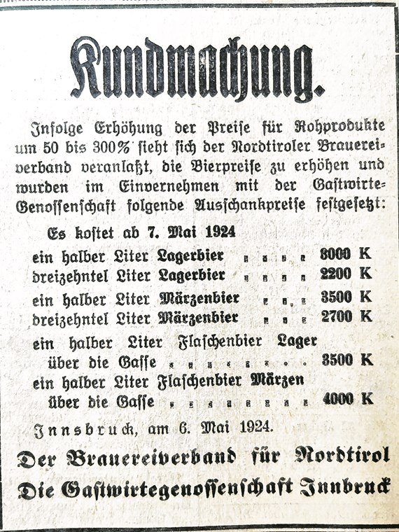 Inserat in den Innsbrucker Nachrichten vom 6. Mai 1924