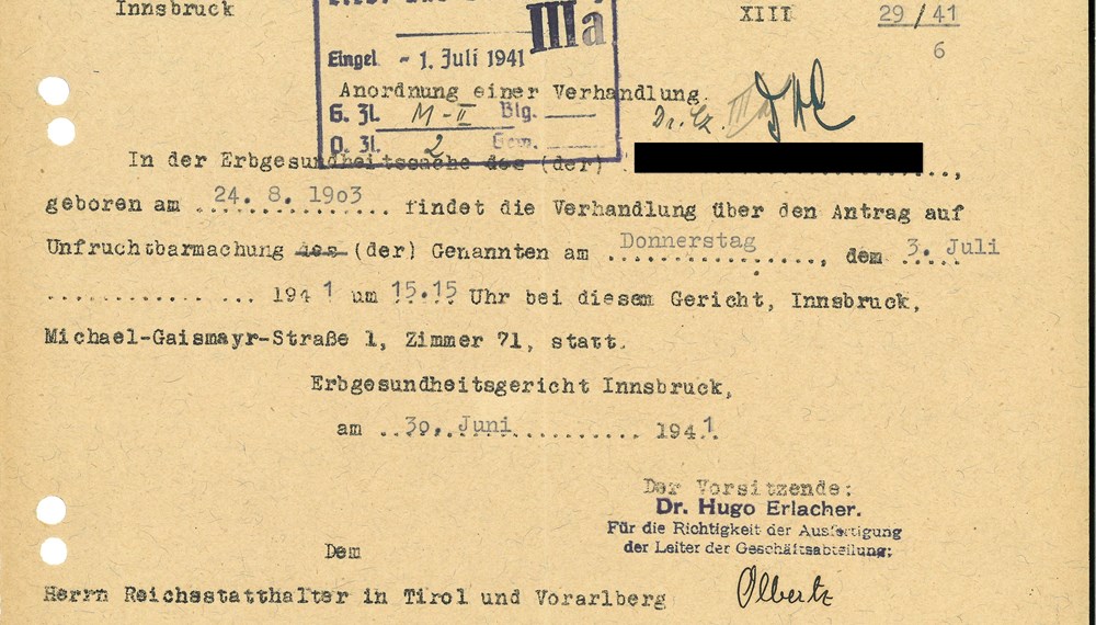 Ladung zu einer Erbgesundheits-Gerichtsverhandlung in Innsbruck (1941).