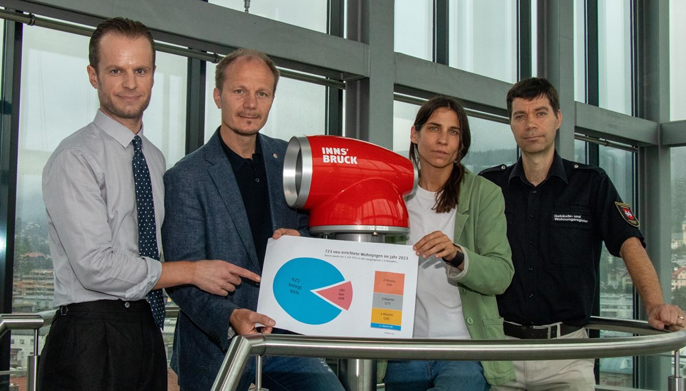 Stadtkoalition verschafft sich Überblick beim Leerstand: v. l. n. r.: Amtsvorstand Mathias Behmann, Bürgermeister Johannes Anzengruber, Stadträtin Janine Bex und Referent Manfred Hirsch präsentieren die neuesten Zahlen zum Thema Leerstand bei neugebauten Wohnungen in Innsbruck.