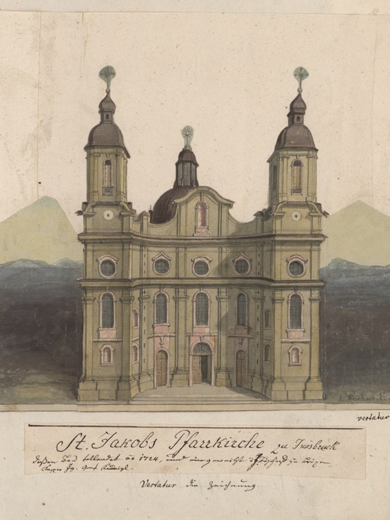 Historische Ansicht von St. Jakob aus dem Jahr 1805. Erst 1964 erfolgte die Erhebung der Stadtpfarrkirche zum Dom.