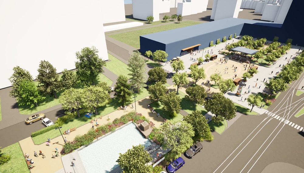 Der Olympiapark (im Vordergrund) und der Alois-Lugger-Platz werden ab
Sommer zum klimafitten Zentrum des Olympischen Dorfs.