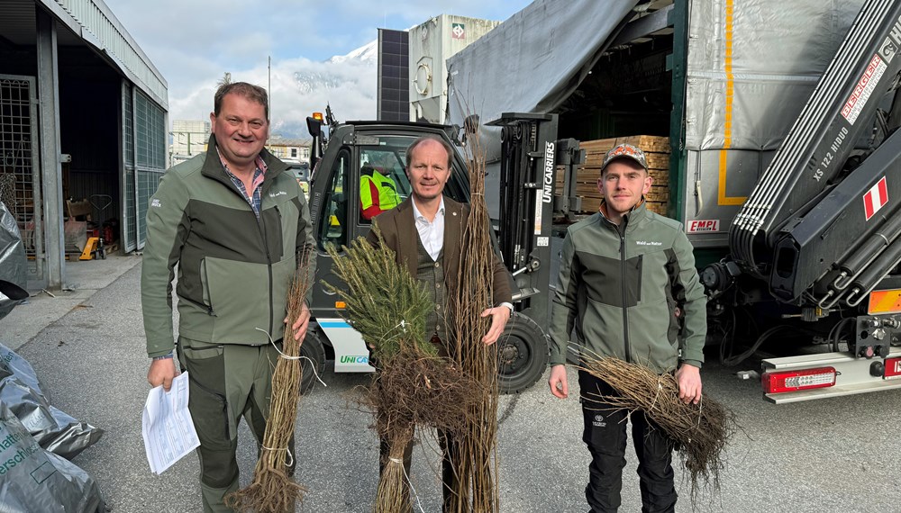 Waldaufseher Stefan Peer, Bürgermeister Johannes Anzengruber und Förster Johannes Jennewein (Referatsleitung Wald und Almen, v.l.) halfen beim Abladen der Jungpflanzen für Innsbrucks Wald.