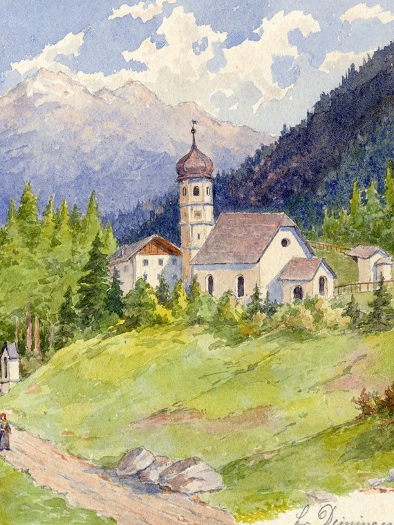 Aquarell der Künstlerin Gabriele Deininger-Arnhard (1855-1945). Zu sehen ist die Kirche Heiligwasser mit dem Glungezer im Hintergrund.