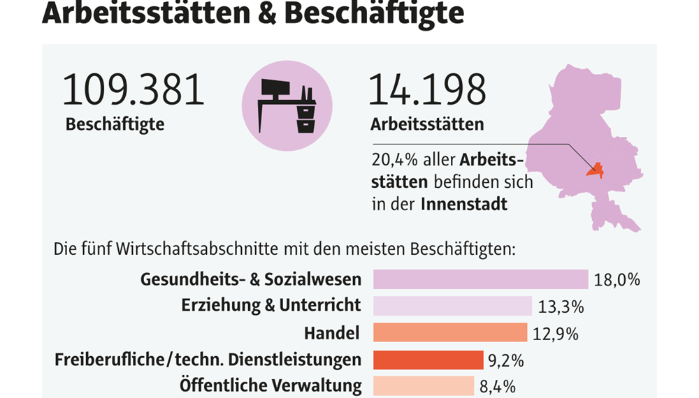Mit 18 Prozent der Beschäftigten ist die Sparte „Gesundheits- und Sozialwesen“ besonders stark vertreten. (Ausschnitt aus „Zahlen und Fakten 2025“)